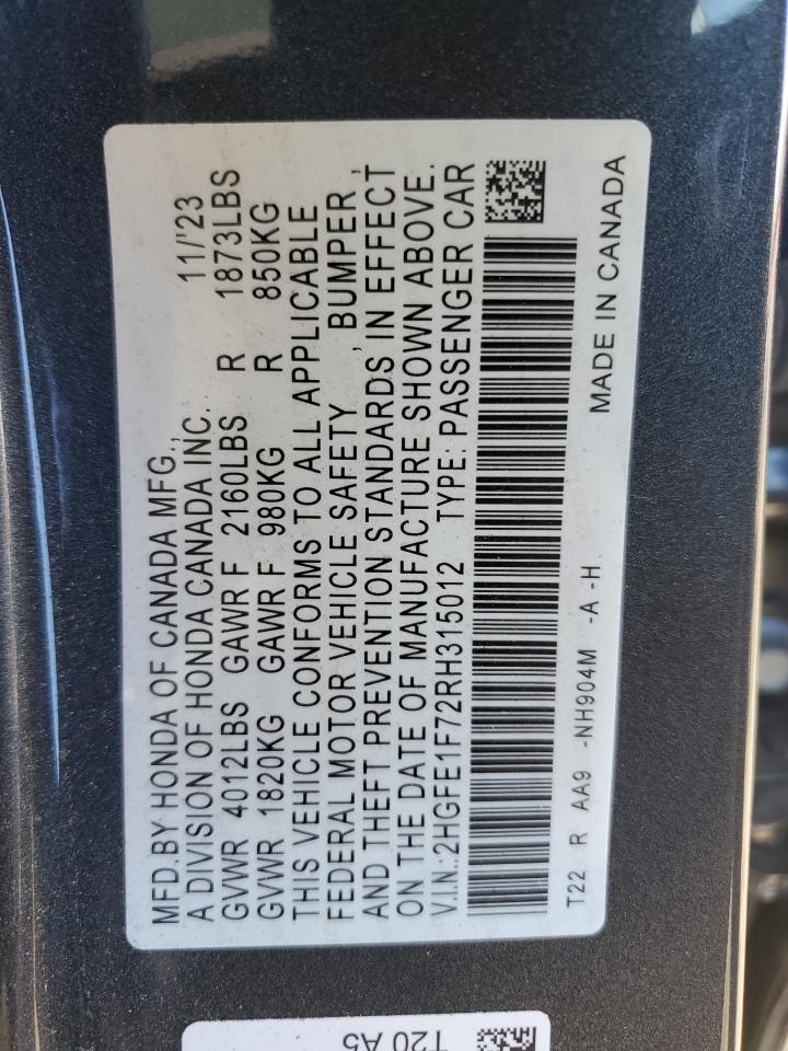 2024 Honda Civic VIN 2HGFE1F72RH315012 Copart auction photo, rear end / minor dent/scratches damage thumbnail 12
