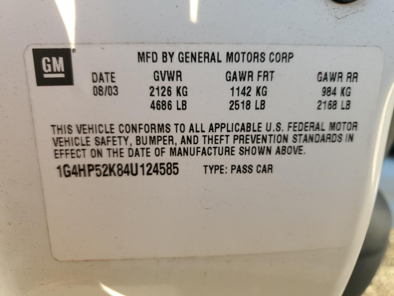 2004 Buick LeSabre VIN 1G4HP52K84U124585 Copart auction photo, front end damage thumbnail 12
