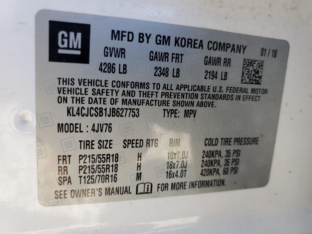 2018 Buick Encore VIN KL4CJCSB1JB627753 Copart auction photo, front end damage thumbnail 12