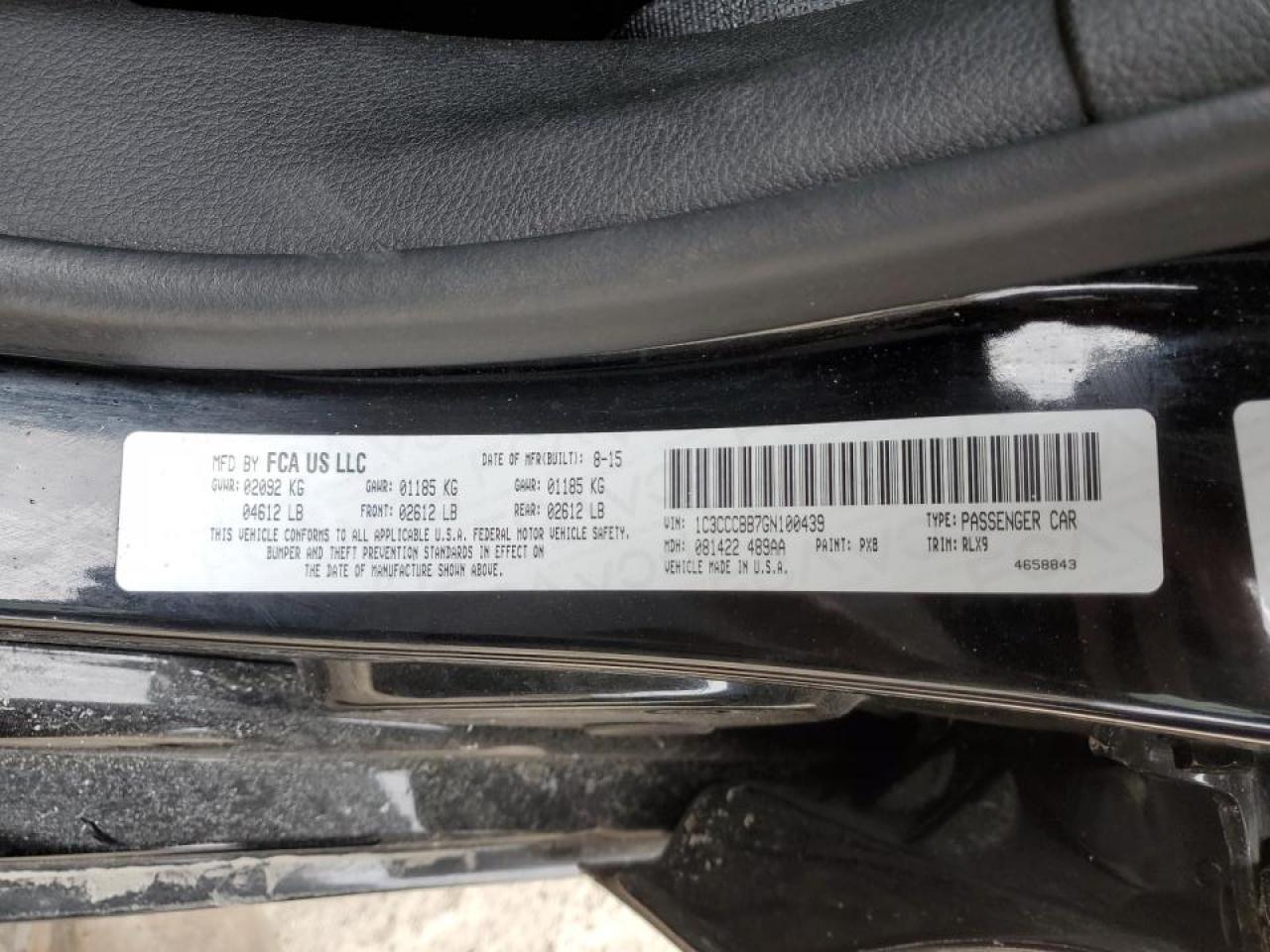 2016 Chrysler 200 VIN 1C3CCCBB7GN100439 Copart auction photo, front end / side damage thumbnail 14