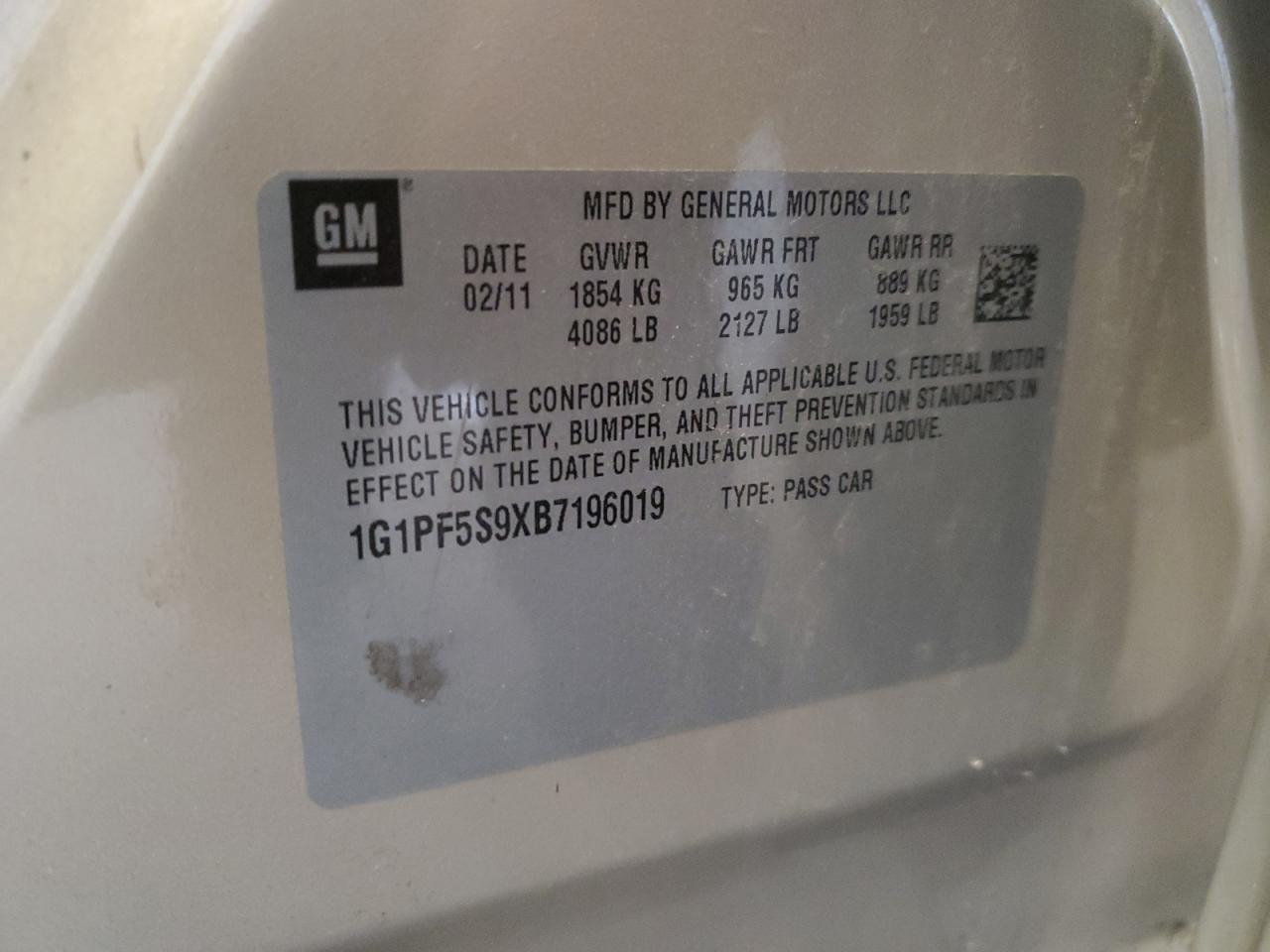 2011 Chevrolet Cruze VIN 1G1PF5S9XB7196019 Copart auction photo, burn damage thumbnail 12