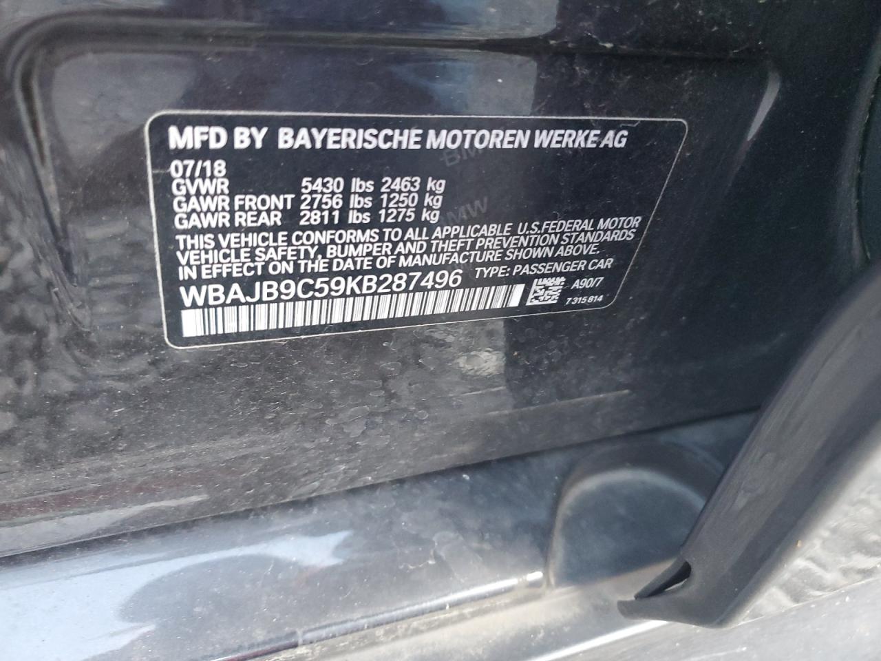 2019 BMW M5 VIN WBAJB9C59KB287496 Copart auction photo, front end damage thumbnail 12