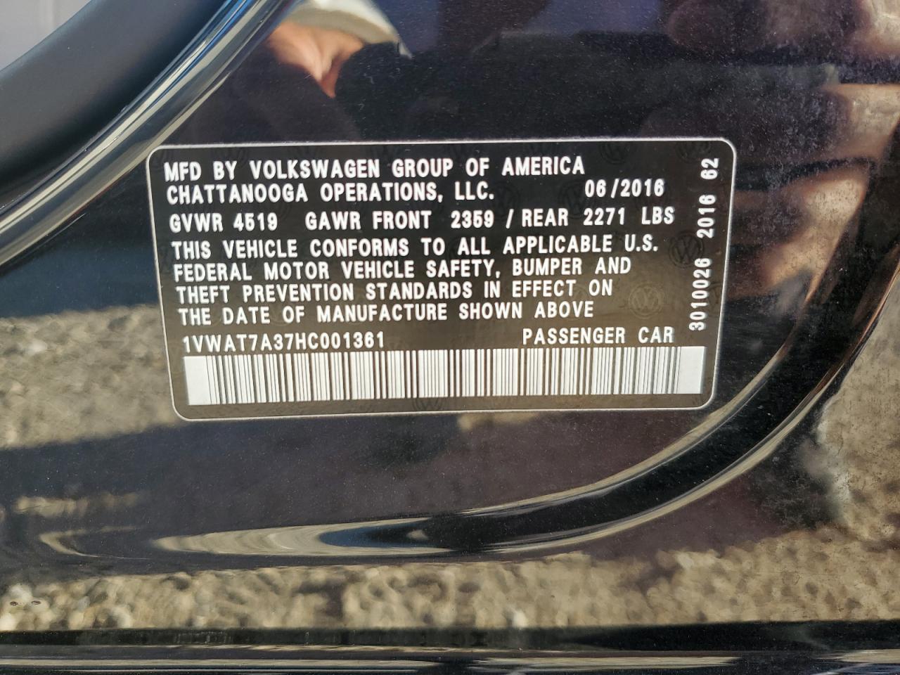 2017 Volkswagen Passat VIN 1VWAT7A37HC001361 Copart auction photo, water/flood damage thumbnail 13