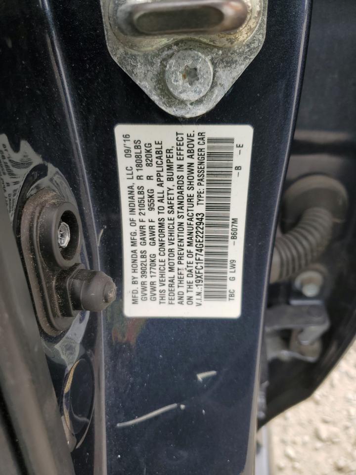2016 Honda Civic VIN 19XFC1F74GE222943 Copart auction photo, front end damage thumbnail 13