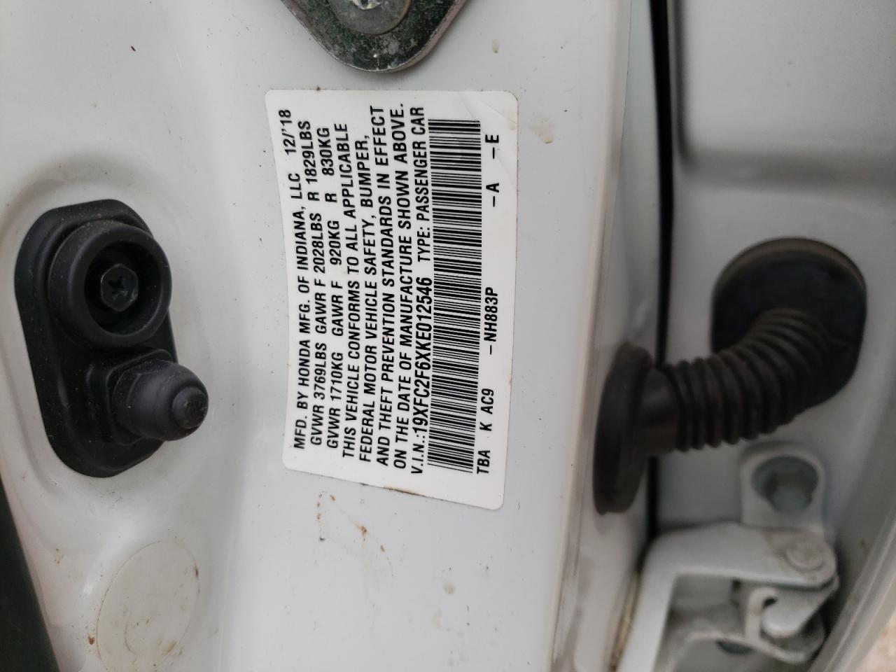 2019 Honda Civic VIN 19XFC2F6XKE012546 Copart auction photo, all over damage thumbnail 10