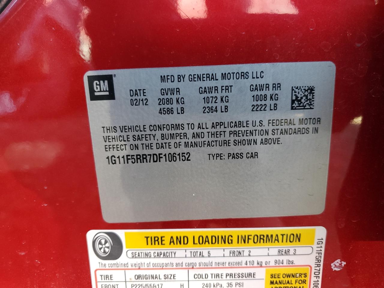 2013 Chevrolet Malibu VIN 1G11F5RR7DF106152 Copart auction photo, minor dent/scratches damage thumbnail 12
