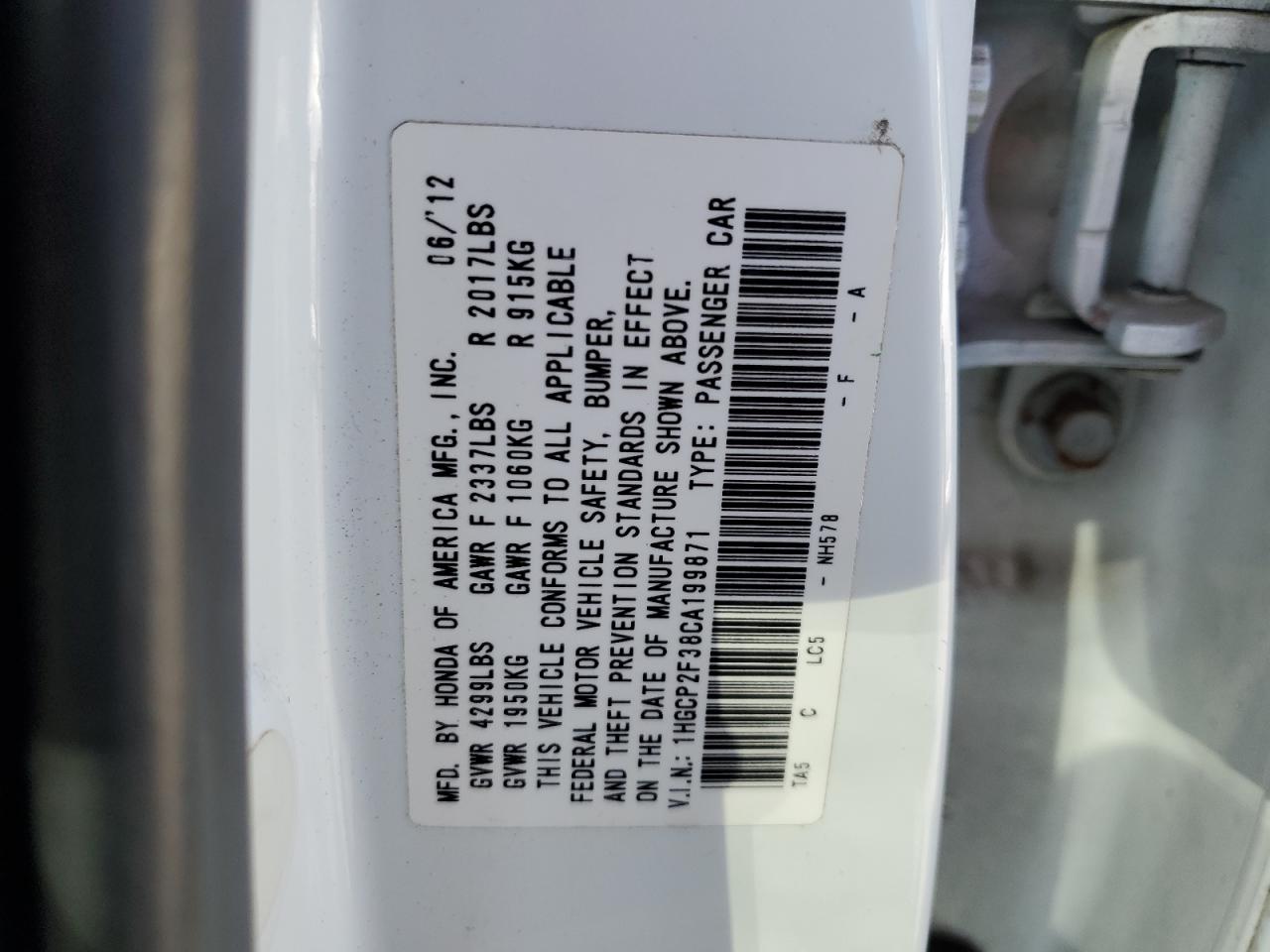 2012 Honda Accord VIN 1HGCP2F38CA199871 Copart auction photo, front end / side damage thumbnail 12
