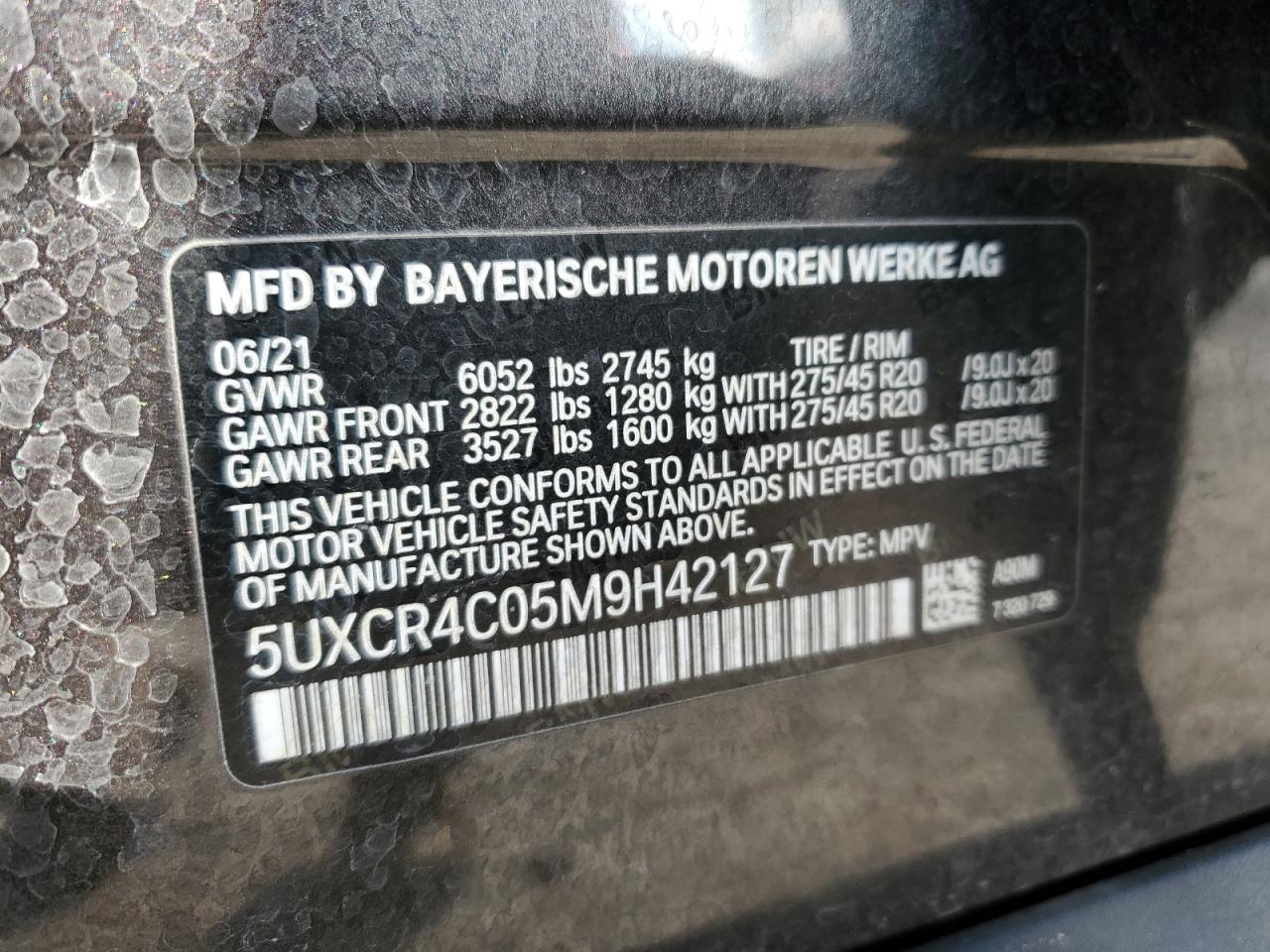 2021 BMW X5 VIN 5UXCR4C05M9H42127 Copart auction photo, side damage thumbnail 13