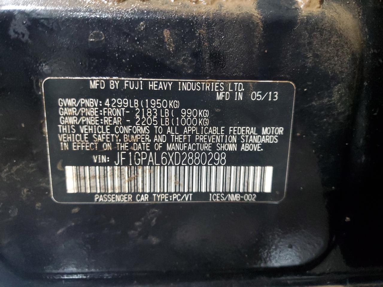 2013 Subaru Impreza VIN JF1GPAL6XD2880298 Copart auction photo, side / rear end damage thumbnail 13