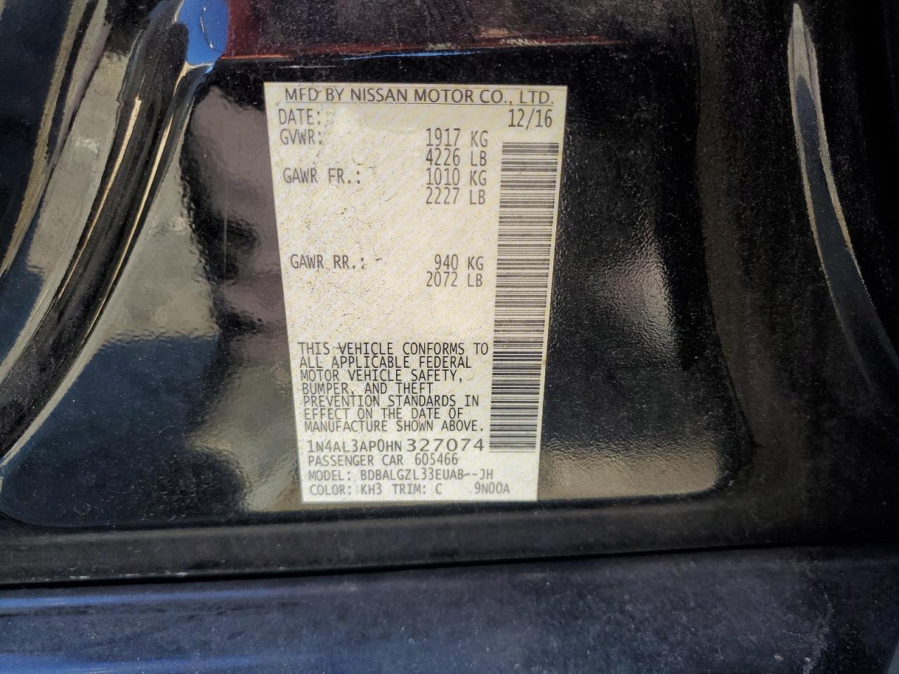 2017 Nissan Altima VIN 1N4AL3AP0HN327074 Copart auction photo, rear end damage thumbnail 12