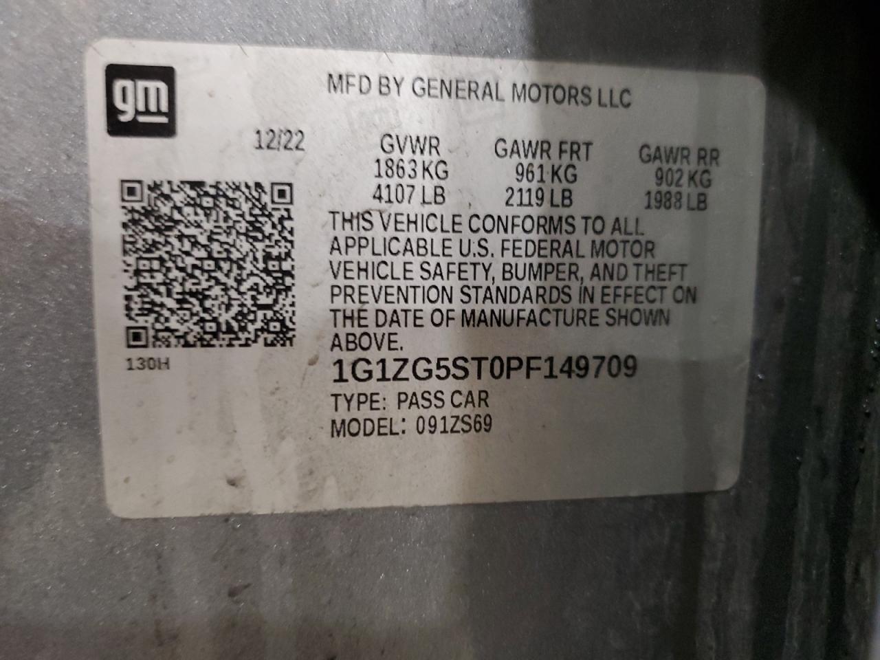 2023 Chevrolet Malibu VIN 1G1ZG5ST0PF149709 Copart auction photo, all over damage thumbnail 12