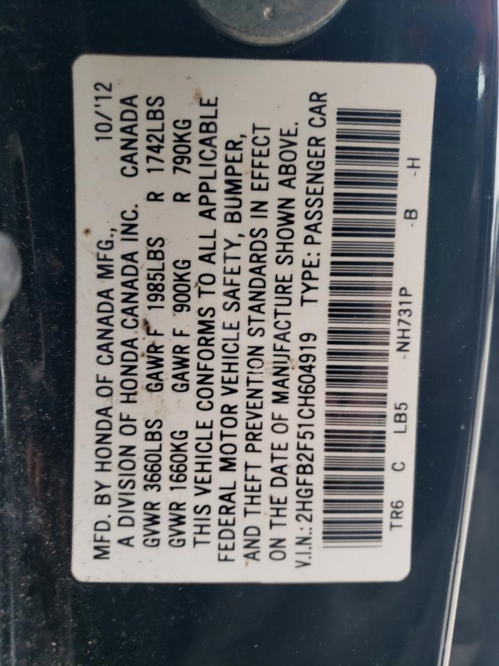 2012 Honda Civic VIN 2HGFB2F51CH604919 Copart auction photo, front end / all over damage thumbnail 12