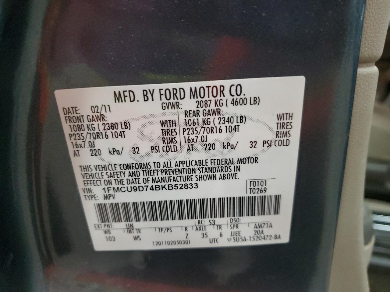 2011 Ford Escape VIN 1FMCU9D74BKB52833 Copart auction photo, front end damage thumbnail 13