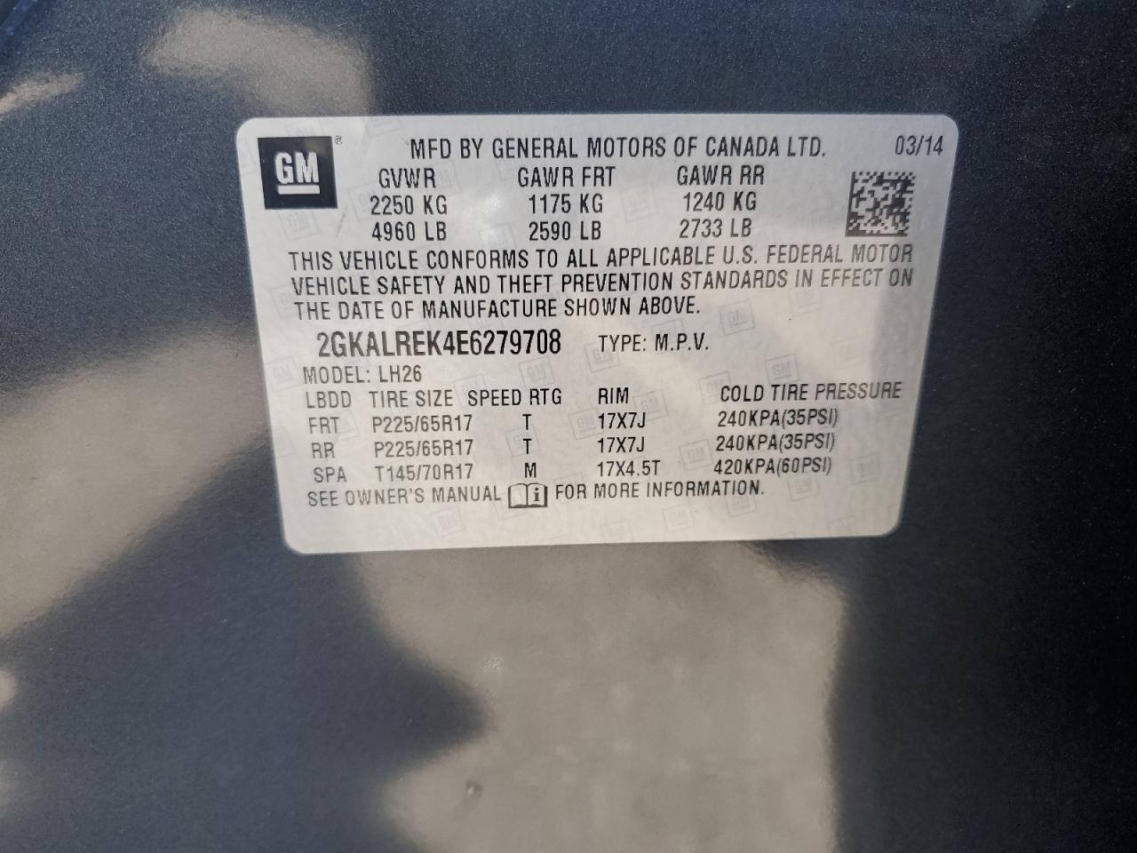 2014 GMC Terrain VIN 2GKALREK4E6279708 Copart auction photo, side damage thumbnail 13