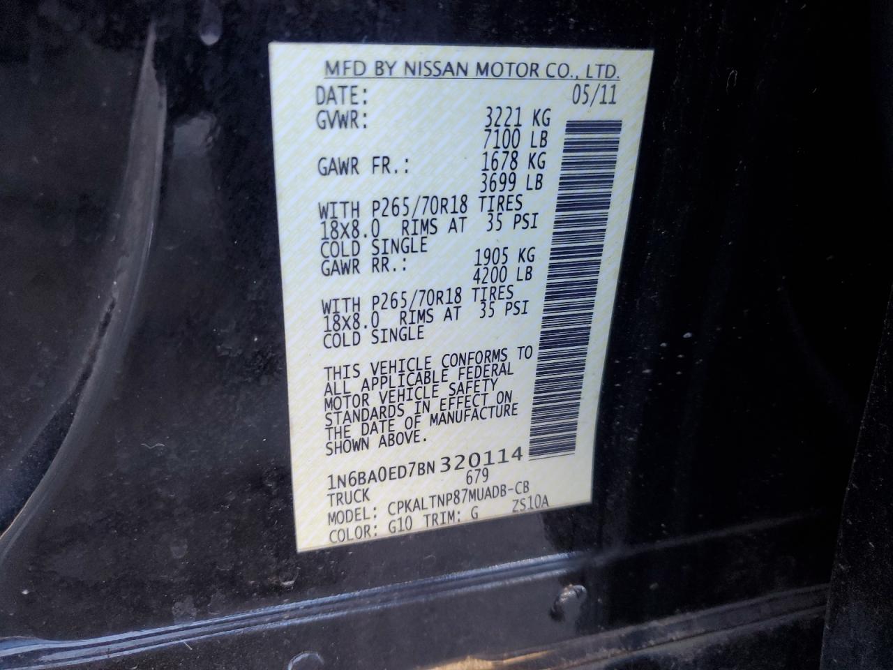 2011 Nissan Titan VIN 1N6BA0ED7BN320114 Copart auction photo, front end damage thumbnail 12
