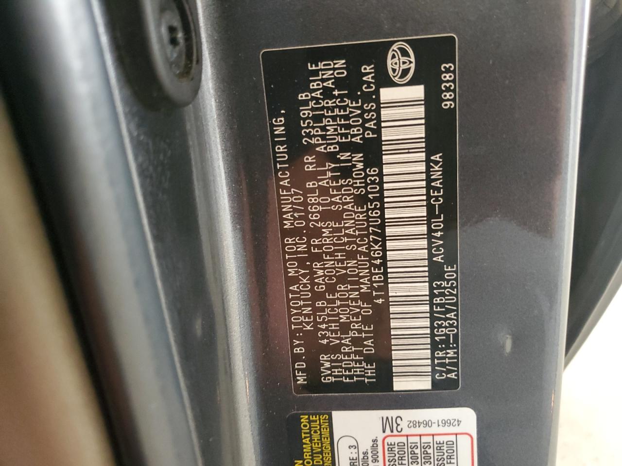 2007 Toyota Camry VIN 4T1BE46K77U651036 Copart auction photo, front end / rear end damage thumbnail 12