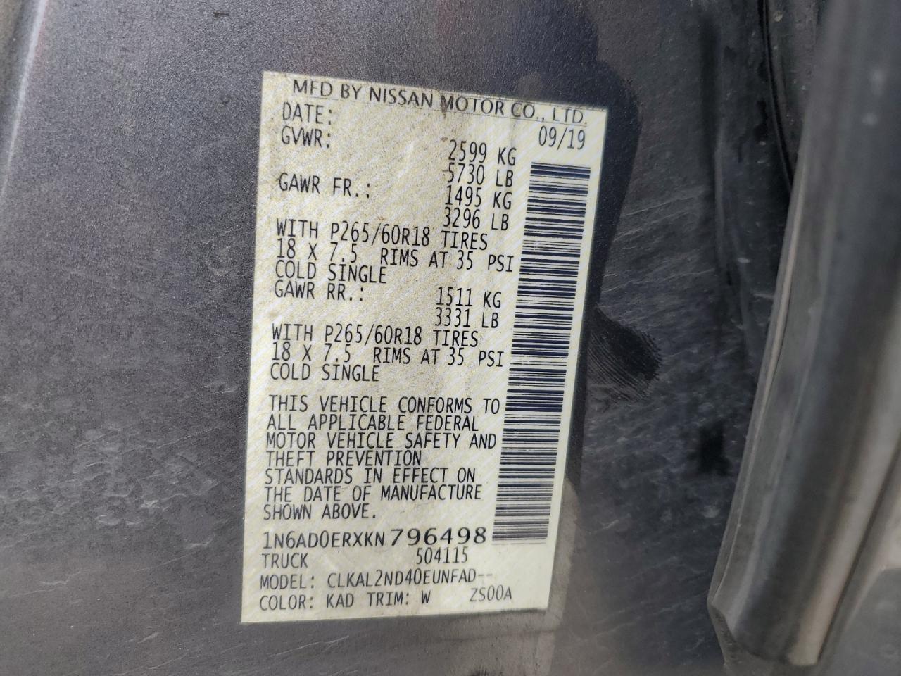 2019 Nissan Navara (Frontier) VIN 1N6AD0ERXKN796498 Copart auction photo, front end damage thumbnail 12