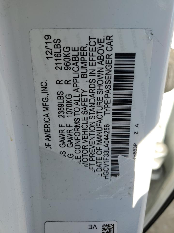 2020 Honda Accord VIN 1HGCV1F33LA044256 Copart auction photo, minor dent/scratches damage thumbnail 12