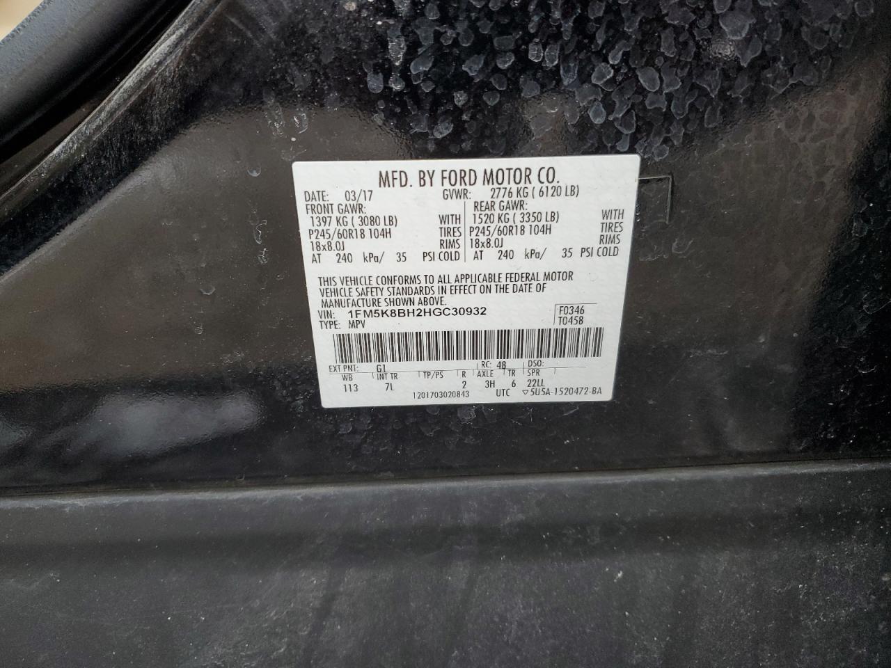 2017 Ford Explorer VIN 1FM5K8BH2HGC30932 Copart auction photo, front end damage thumbnail 14