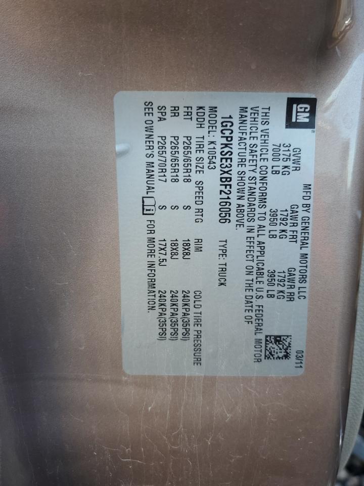 2011 Chevrolet Silverado VIN 1GCPKSE3XBF216056 Copart auction photo, side / front end damage thumbnail 14