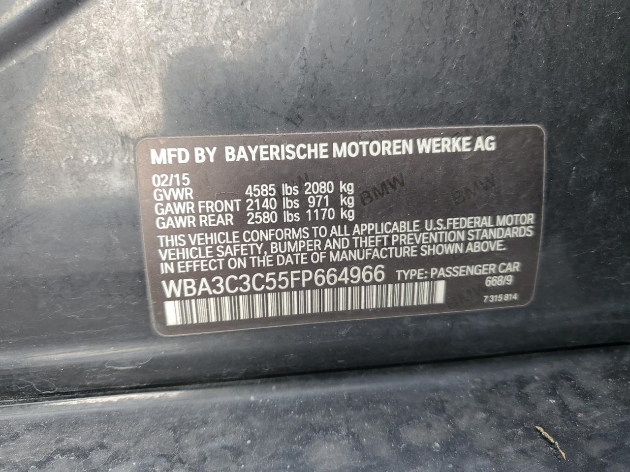2015 BMW 3er VIN WBA3C3C55FP664966 Copart auction photo, all over / undercarriage damage thumbnail 12