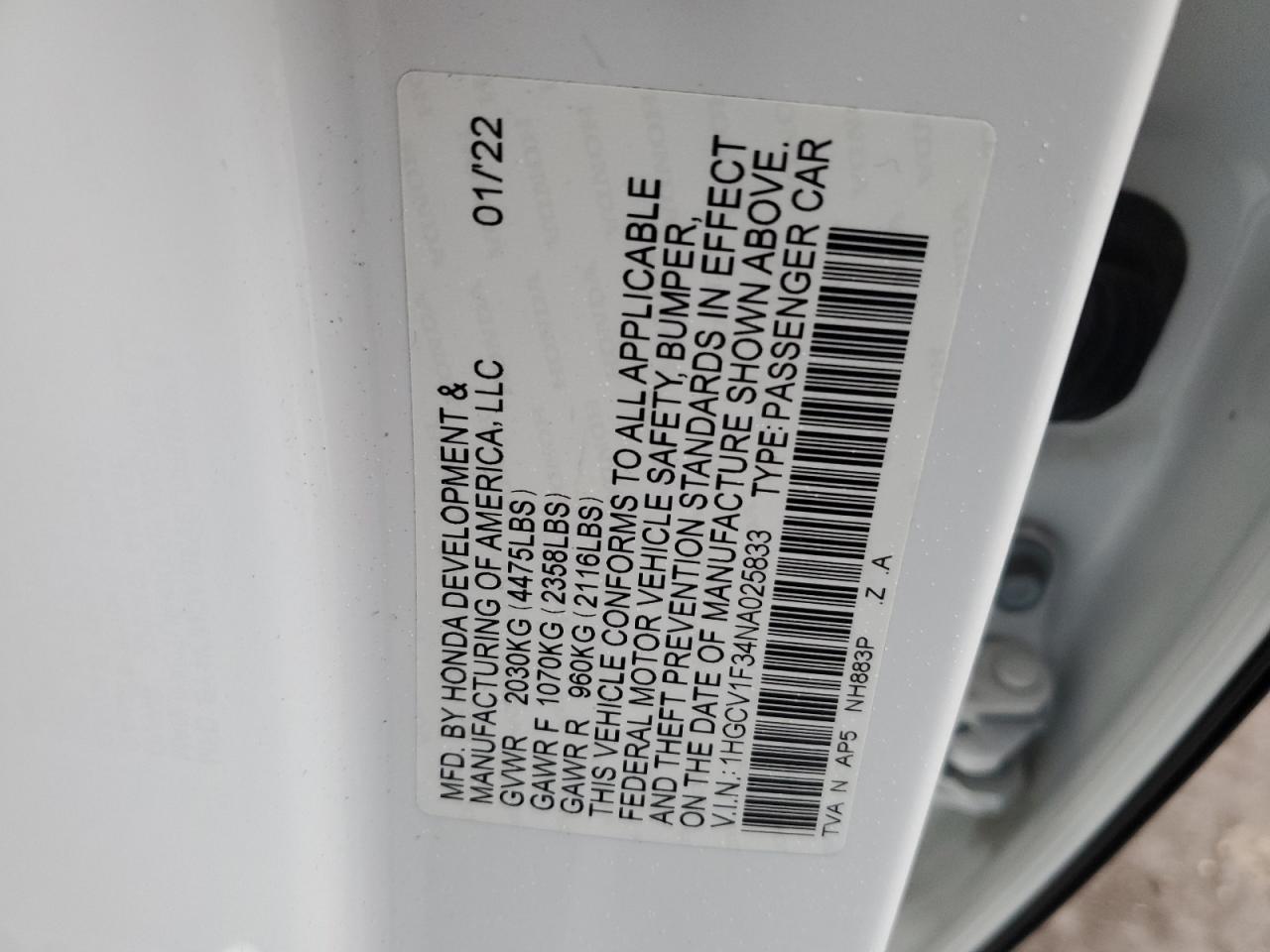 2022 Honda Accord VIN 1HGCV1F34NA025833 Copart auction photo, front end / side damage thumbnail 14