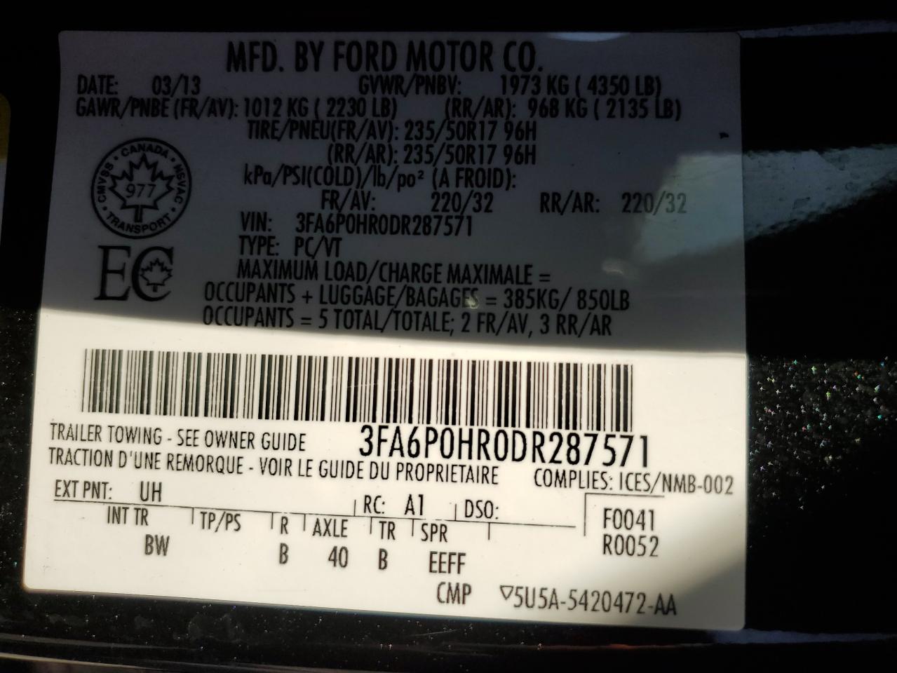 2013 Ford Fusion VIN 3FA6P0HR0DR287571 Copart auction photo, burn / minor dent/scratches damage thumbnail 12