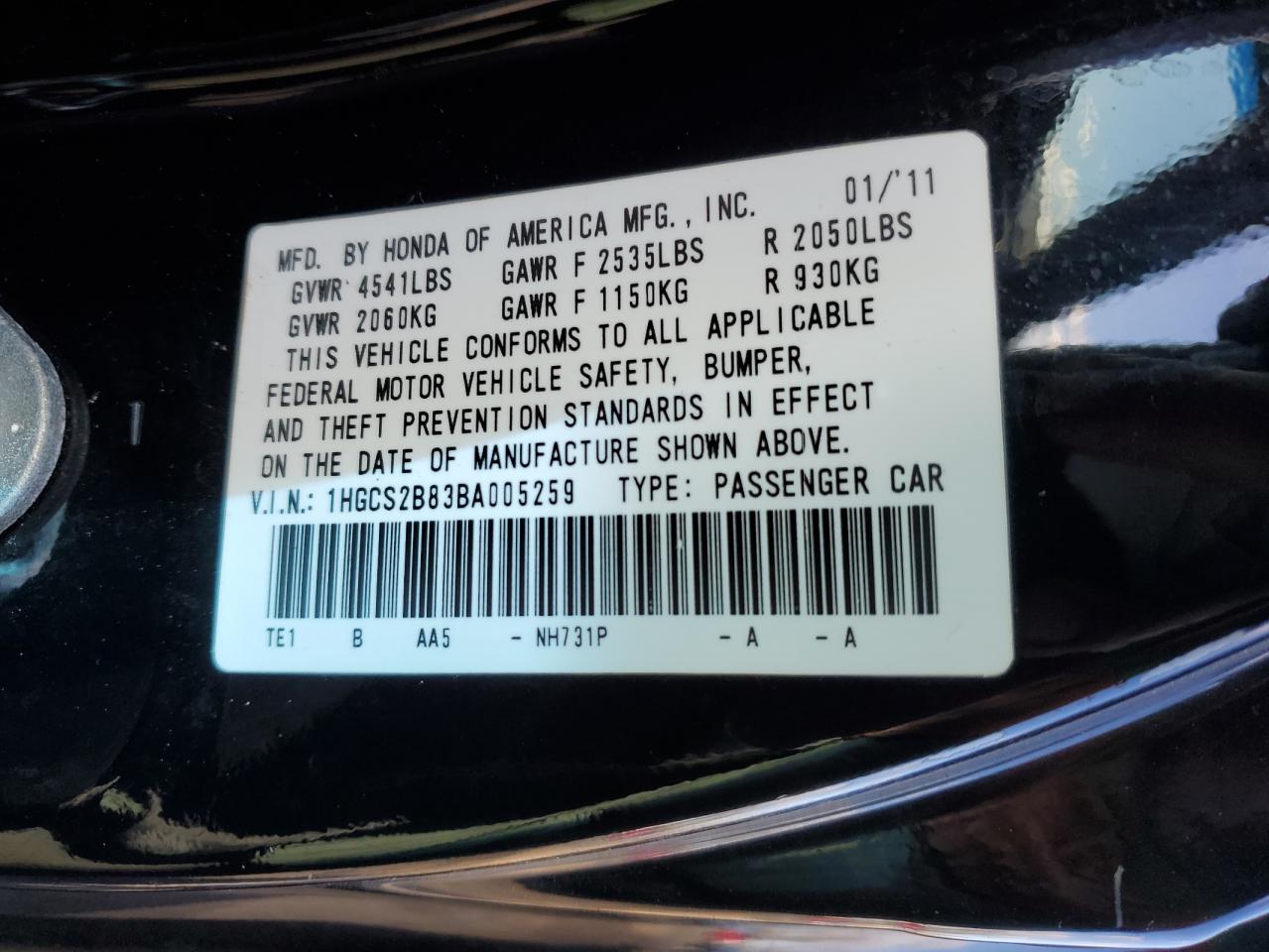 2011 Honda Accord VIN 1HGCS2B83BA005259 Copart auction photo, all over damage thumbnail 14