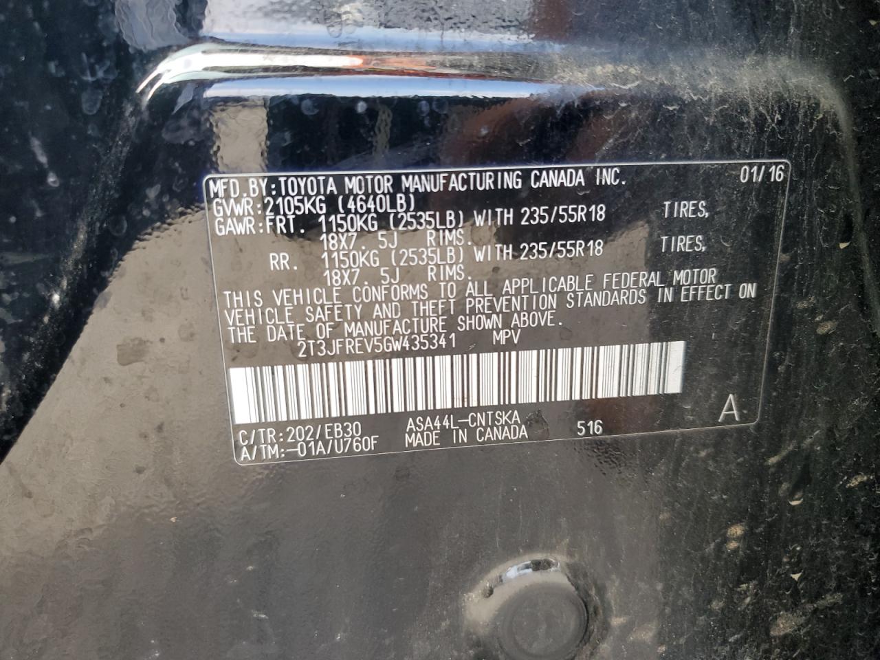 2016 Toyota RAV 4 VIN 2T3JFREV5GW435341 Copart auction photo, front end damage thumbnail 14