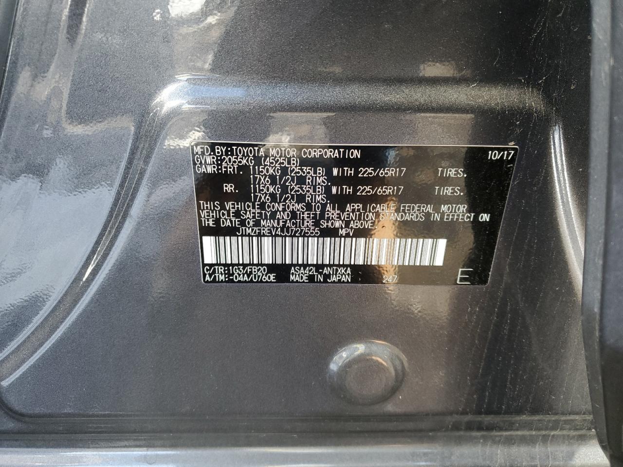 2018 Toyota RAV 4 VIN JTMZFREV4JJ727555 Copart auction photo, front end / rear end damage thumbnail 14