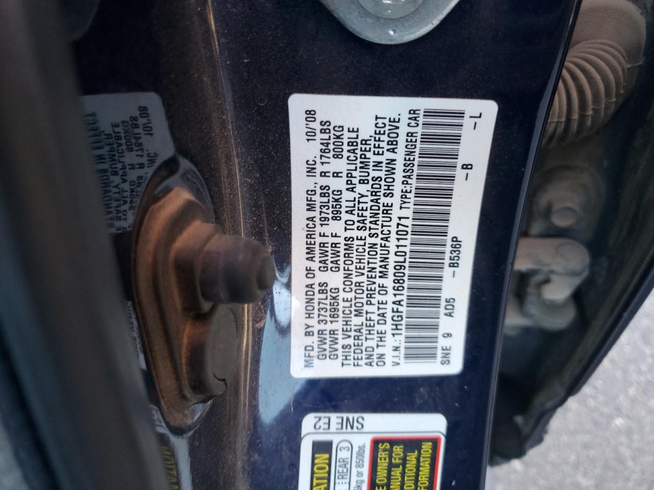 2009 Honda Civic VIN 1HGFA16809L011071 Copart auction photo, rear end damage thumbnail 14