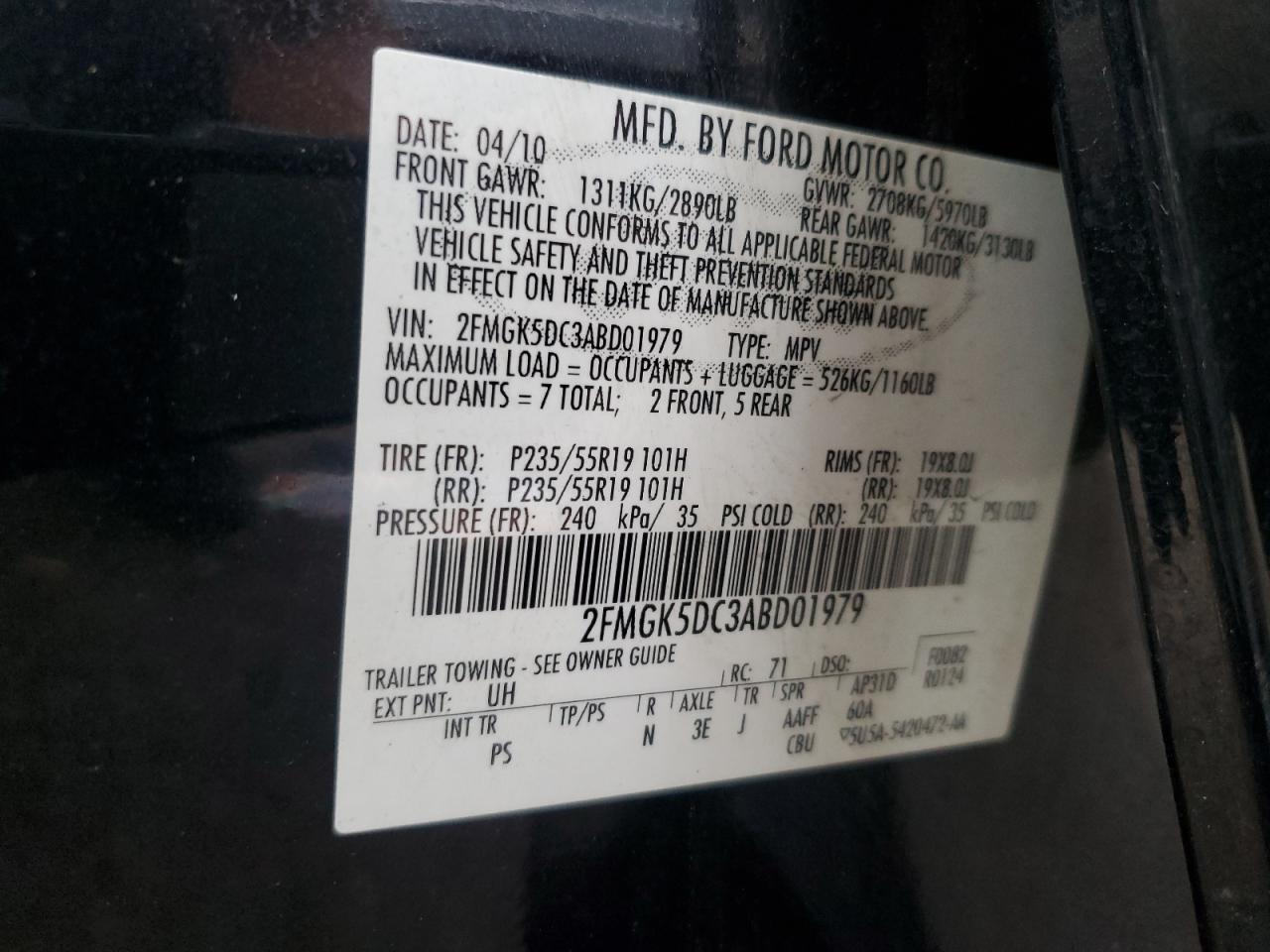 2010 Ford Flex VIN 2FMGK5DC3ABD01979 Copart auction photo, rear end / side damage thumbnail 14