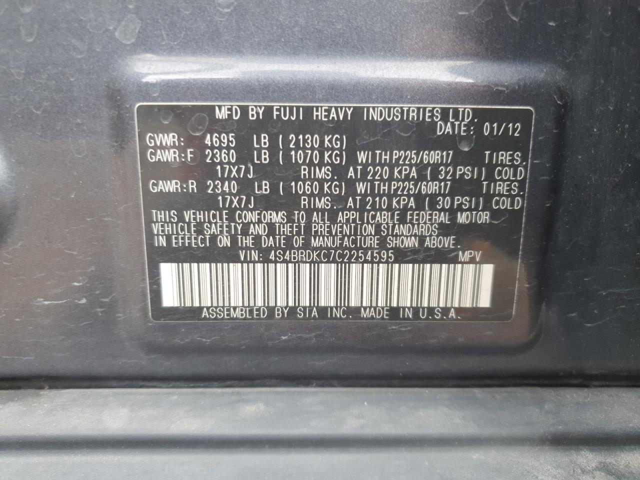 2012 Subaru Outback VIN 4S4BRDKC7C2254595 Copart auction photo, front end damage thumbnail 13