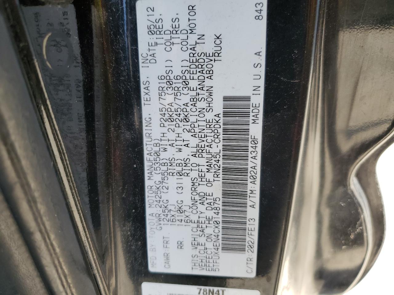 2012 Toyota Tacoma VIN 5TFUX4EN4CX014875 Copart auction photo, rollover damage thumbnail 13
