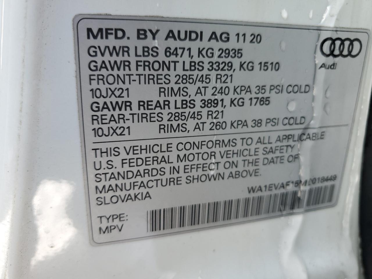 2021 Audi Q8 VIN WA1EVAF15MD018449 Copart auction photo, front end damage thumbnail 13