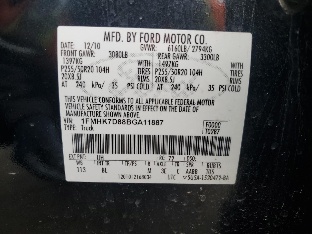 2011 Ford Explorer VIN 1FMHK7D88BGA11887 Copart auction photo, front end / rear end damage thumbnail 13