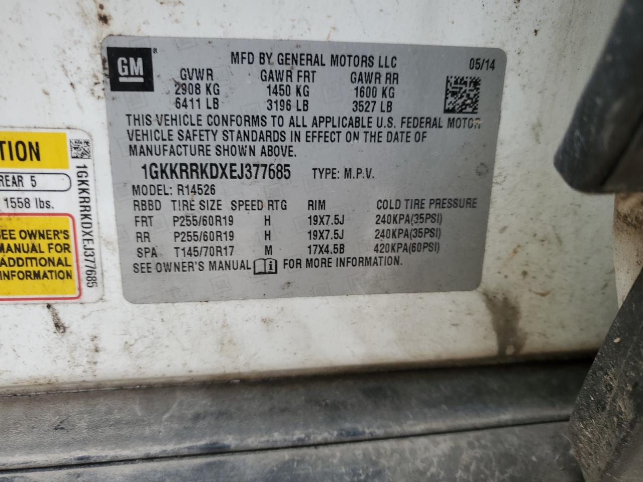 2014 GMC Acadia VIN 1GKKRRKDXEJ377685 Copart auction photo, front end / side damage thumbnail 12