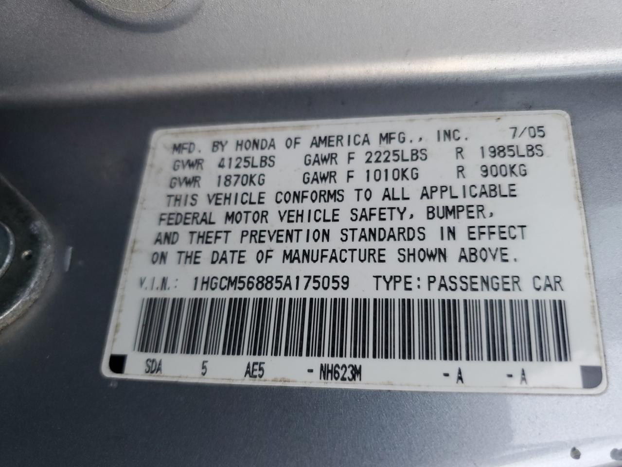 2006 Honda Accord VIN 1HGCM56885A175059 Copart auction photo, front end damage thumbnail 12