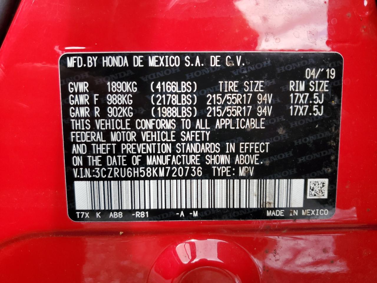 2019 Honda HR-V VIN 3CZRU6H58KM720736 Copart auction photo, water/flood damage thumbnail 15