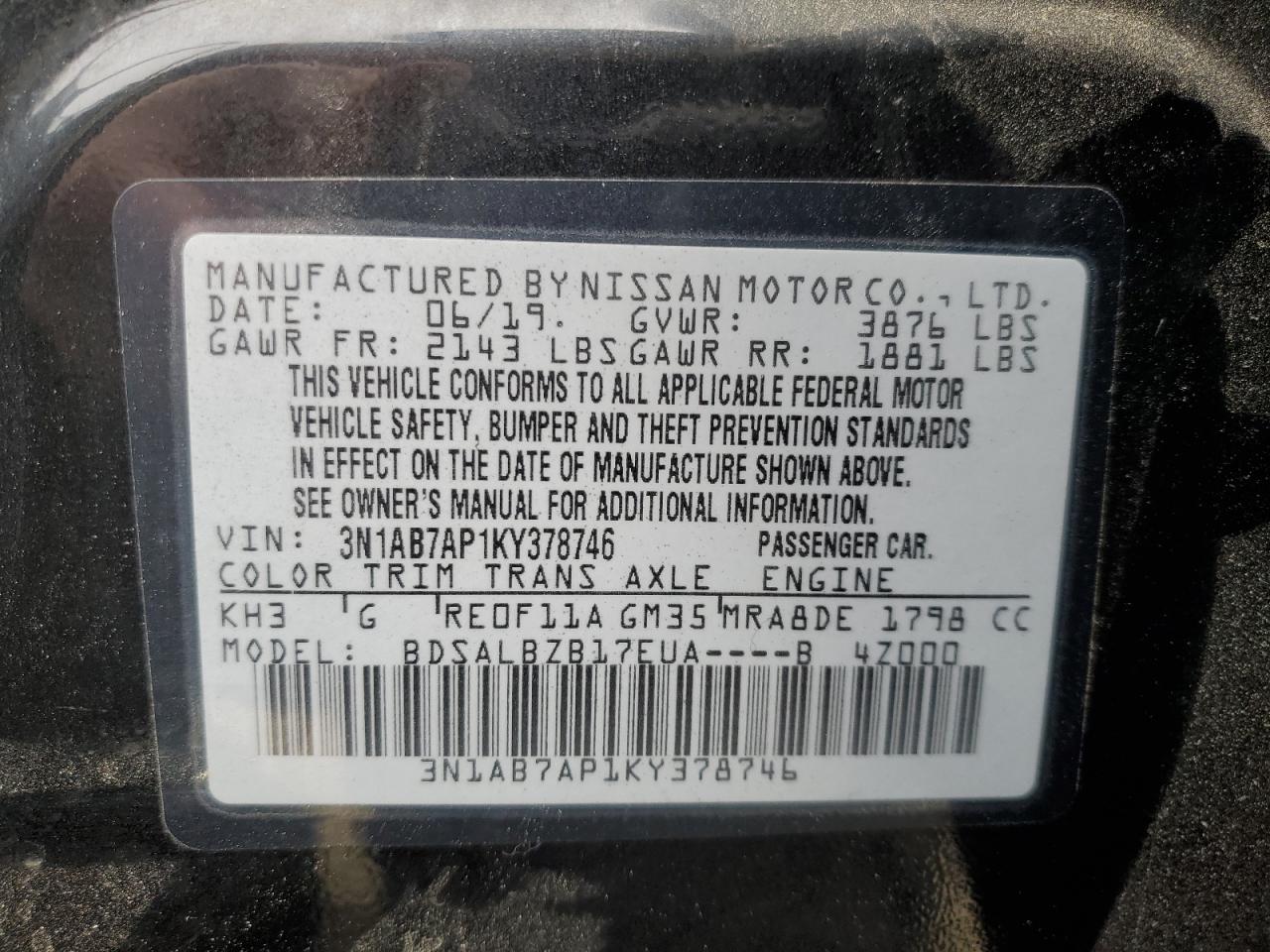 2019 Nissan Sentra VIN 3N1AB7AP1KY378746 Copart auction photo, rear end damage thumbnail 12