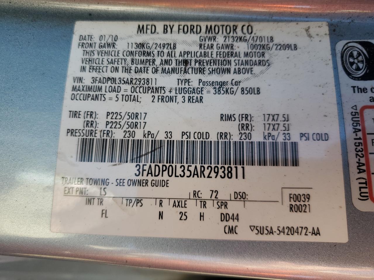 2010 Ford Fusion VIN 3FADP0L35AR293811 Copart auction photo, front end damage thumbnail 12