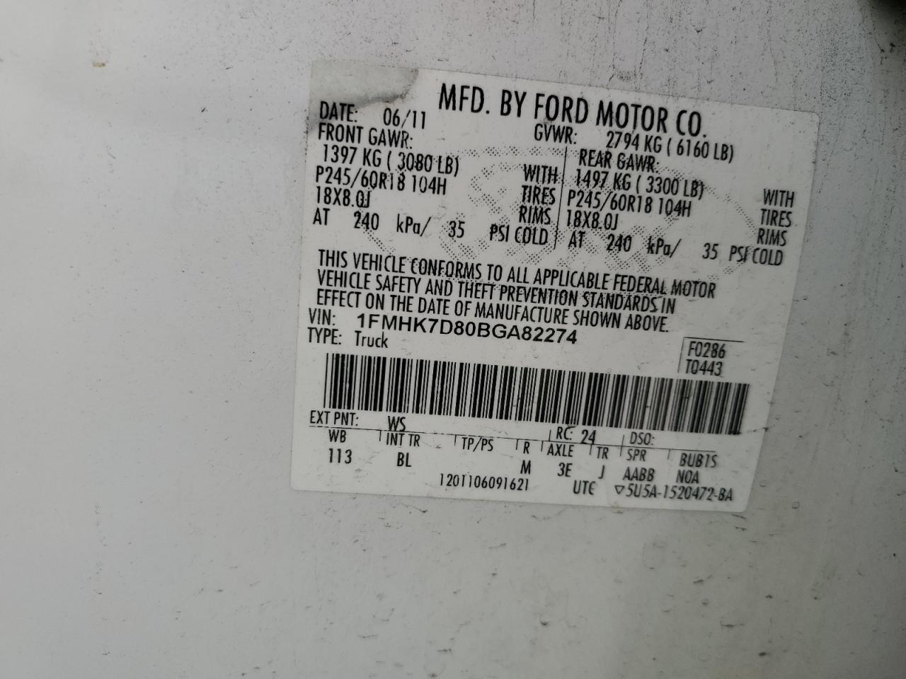 2011 Ford Explorer VIN 1FMHK7D80BGA82274 Copart auction photo, side damage thumbnail 15