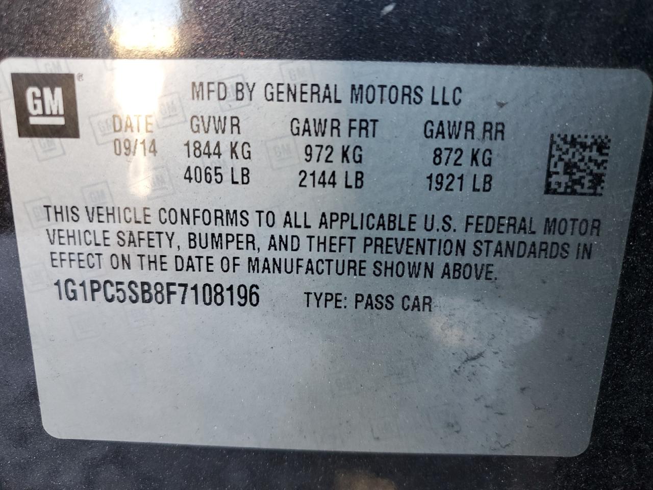 2015 Chevrolet Cruze VIN 1G1PC5SB8F7108196 Copart auction photo, rear end damage thumbnail 13