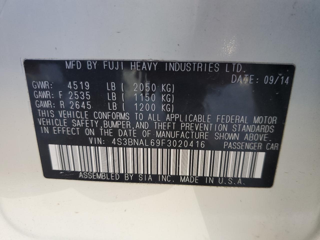 2015 Subaru Legacy VIN 4S3BNAL69F3020416 Copart auction photo, rear end damage thumbnail 14