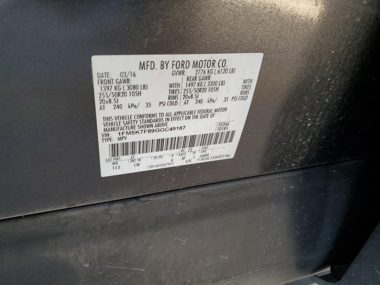 2016 Ford Explorer VIN 1FM5K7F89GGC49187 Copart auction photo, front end damage thumbnail 13