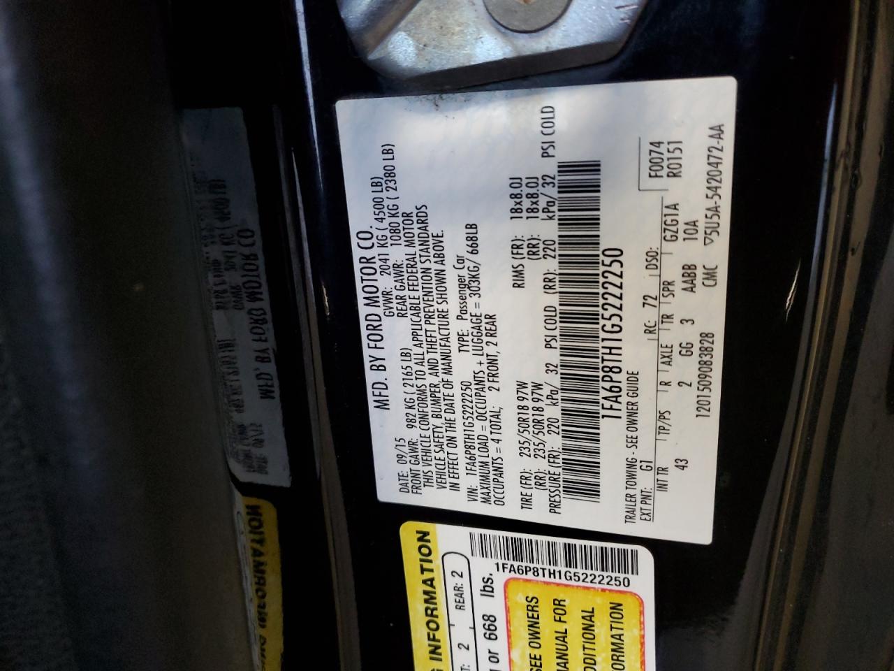 2016 Ford Mustang VIN 1FA6P8TH1G5222250 Copart auction photo, frame damage / minor dent/scratches damage thumbnail 13