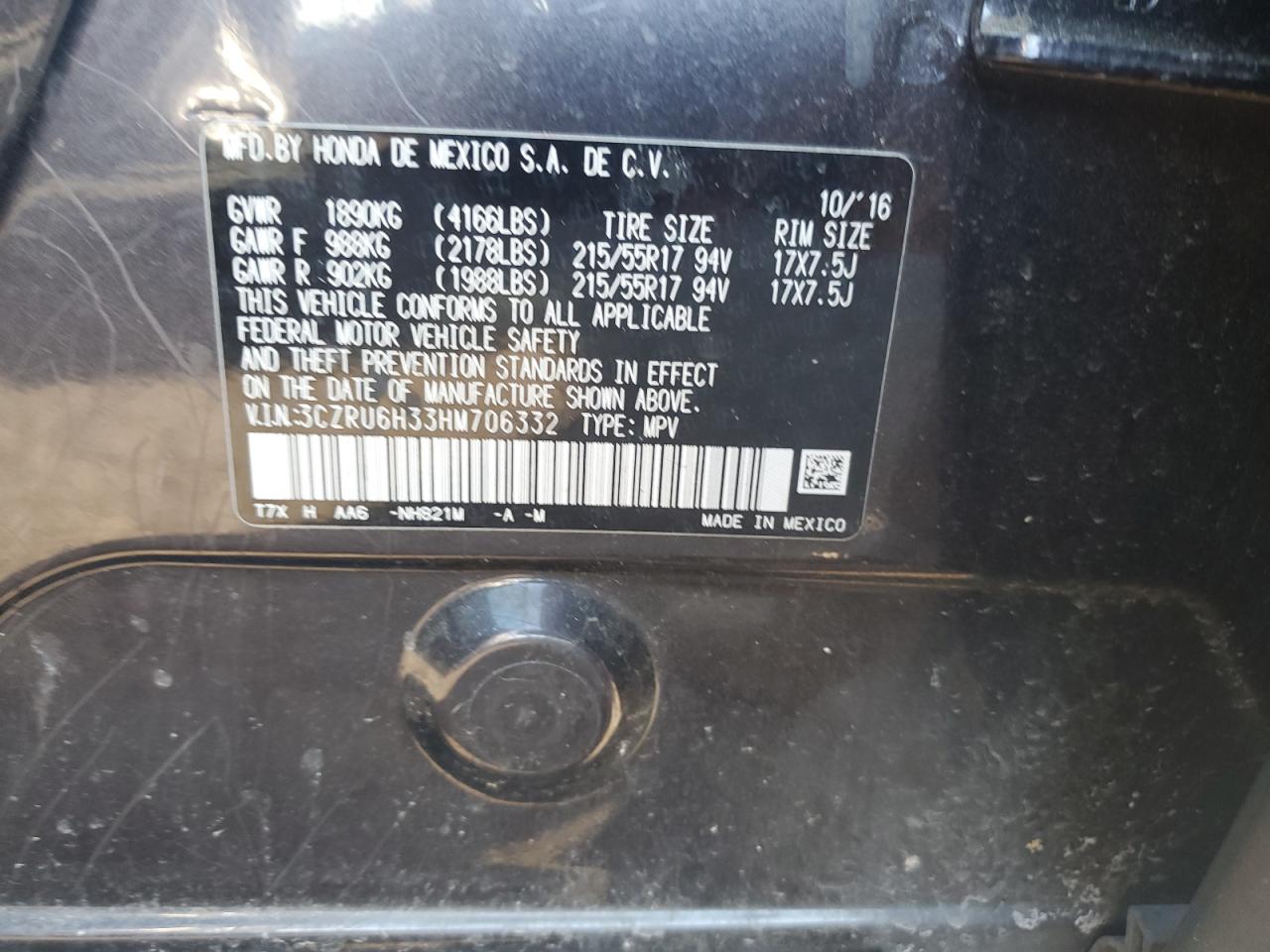 2017 Honda HR-V VIN 3CZRU6H33HM706332 Copart auction photo, front end / rear end damage thumbnail 14