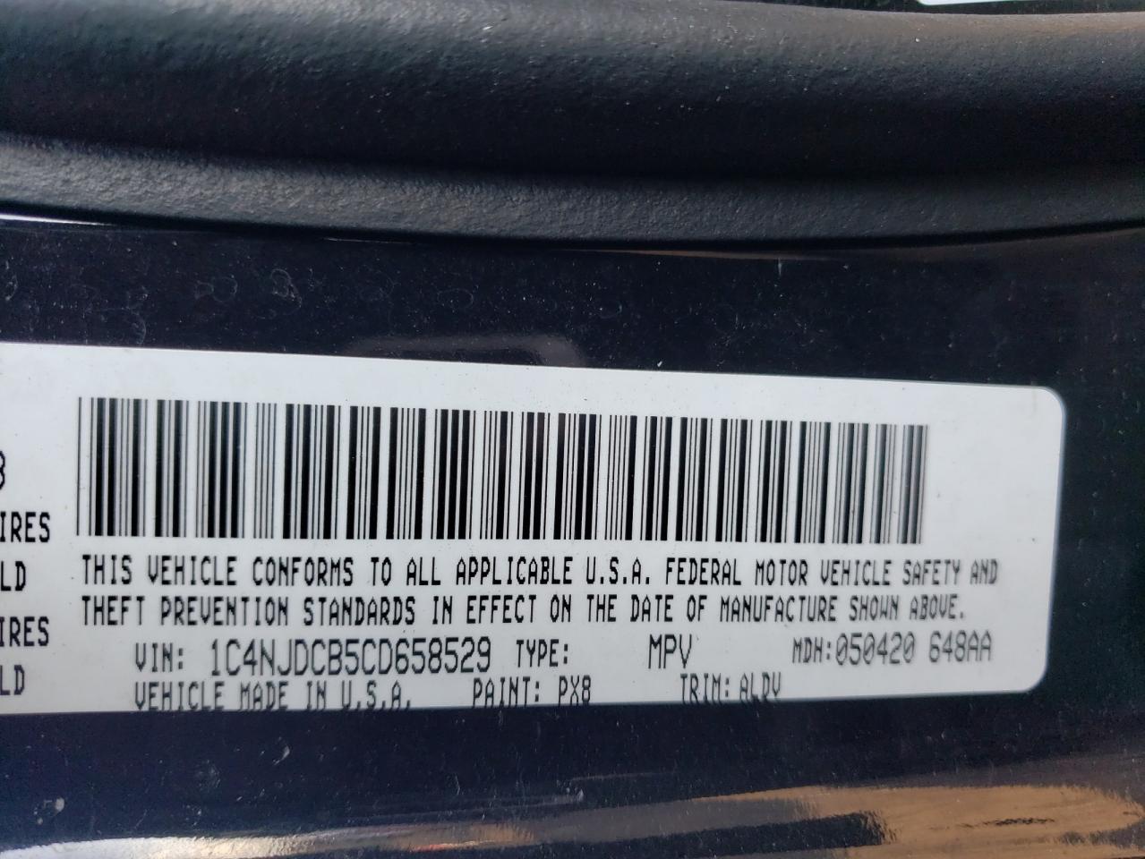 2012 Jeep Compass VIN 1C4NJDCB5CD658529 Copart auction photo, front end / side damage thumbnail 13