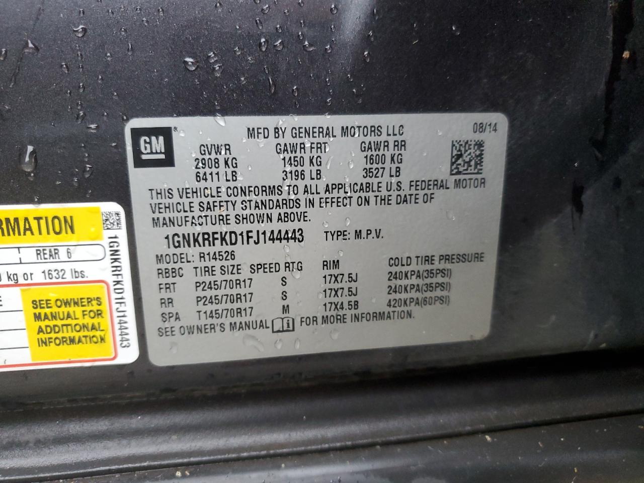 2015 Chevrolet Traverse VIN 1GNKRFKD1FJ144443 Copart auction photo, front end damage thumbnail 15