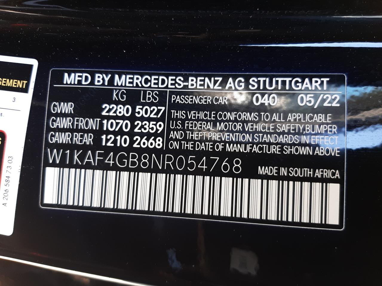 2022 Mercedes-Benz C-klasse VIN W1KAF4GB8NR054768 Copart auction photo, front end damage thumbnail 12
